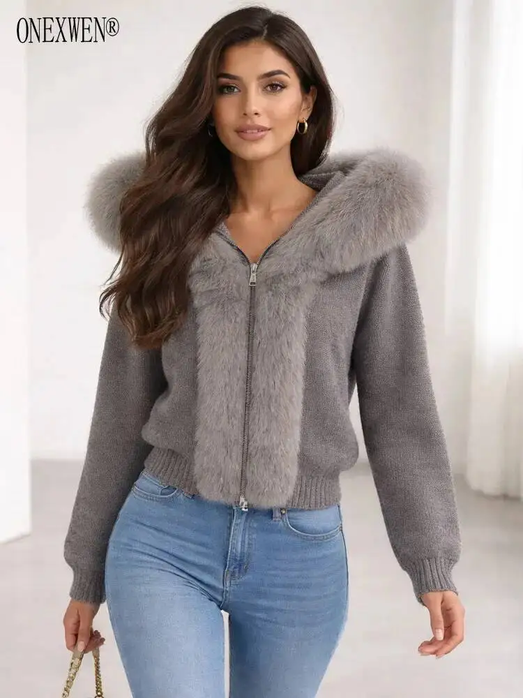 ONEXWEN Women's Grey Knit Cardigan With Oversized Fur Hood Trim Zip-Up Short Winter Jacket Elegant Warm Outerwear ZM5371