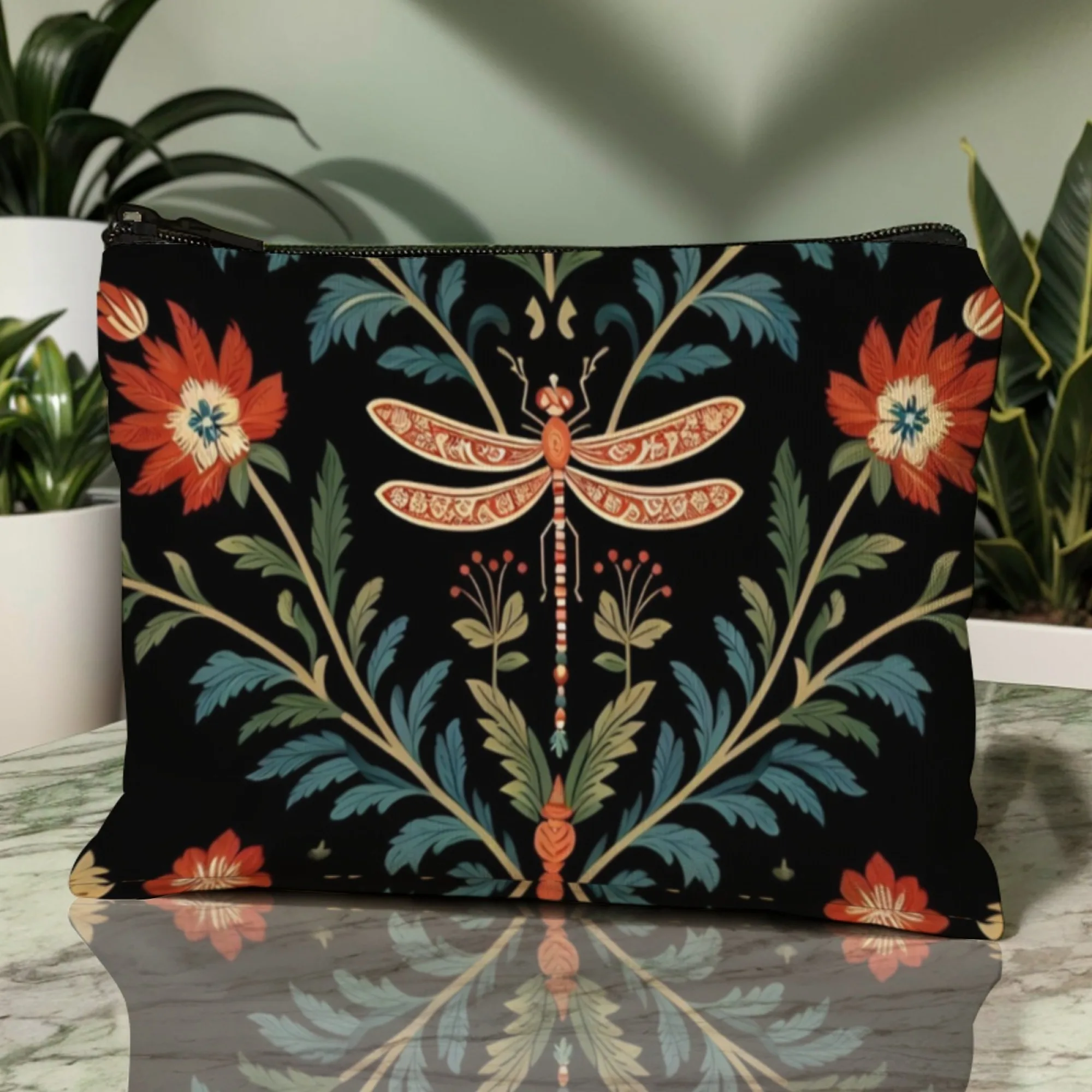 絶妙なトンボ柄の花柄メイクアップバッグ、エメラルドグリーンに金箔のトンボと牡丹のヴィンテージエレガンスコスメティックオーガナイザー