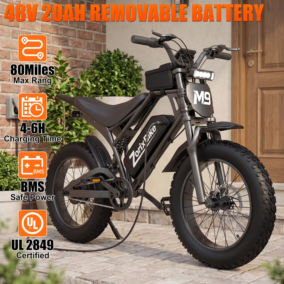 ZorixBike M9 Serie Electric Bike, NFC Unlock, 1500/3000W Peak Brushless Motor, 48V 13/20Ah, Max 31-35MPH, 30-70 Miles Range, 20' X 4.0' Fat Tire Ebike, UL 2849 image 6
