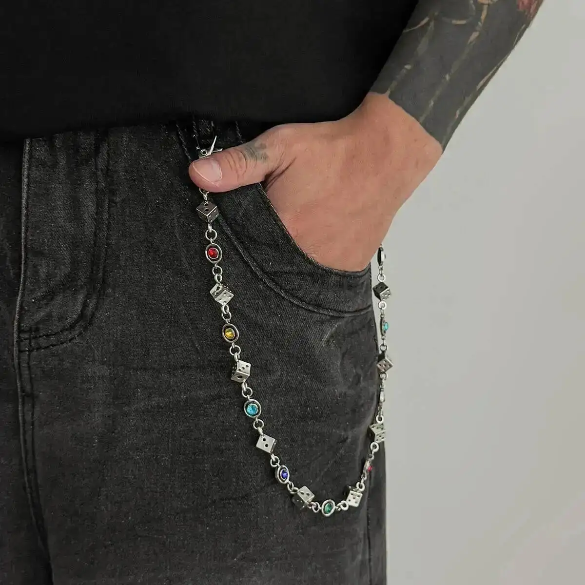 SHIXIN Exquisite Luxury Colorful Acrylic Rhinestone Dice Chain Pendant Keychain Men Punk Belt Trousers Jean Chain HipHop Jewelry