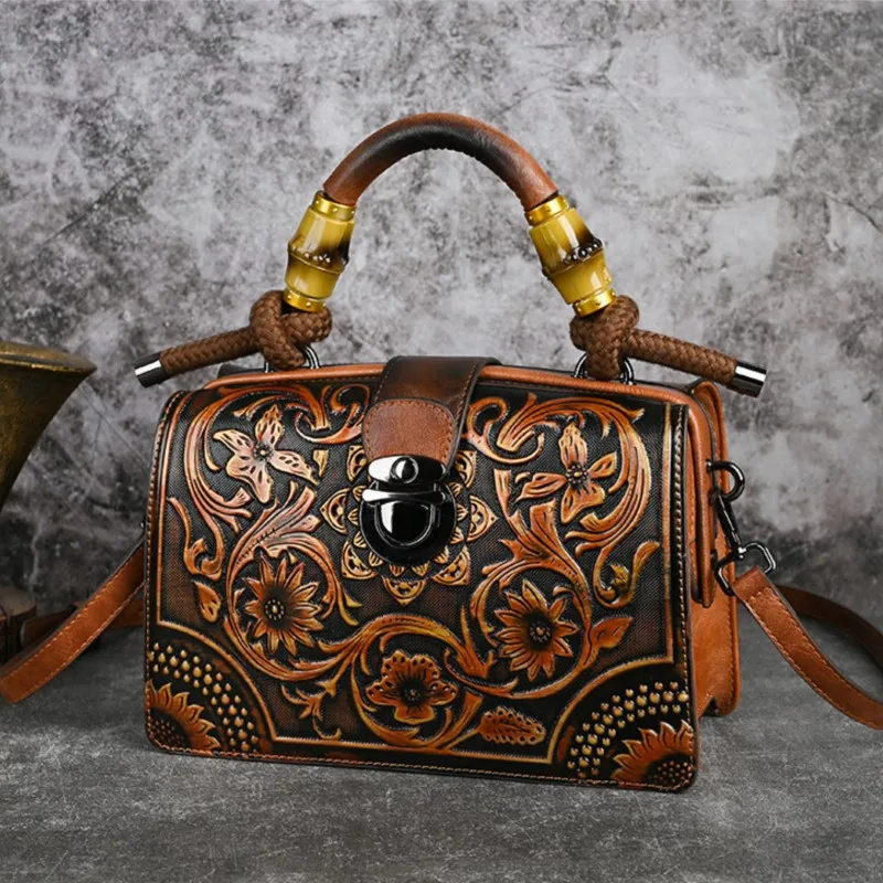 Johnature Vintage Handbag 2024 New Handmade Leather Carved Women Bag Versatile Female Shoulder & Crossbody Bags