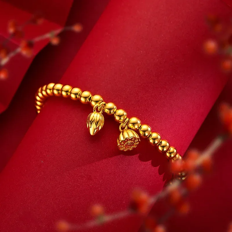 

24K Yellow Gold Guofeng Two Shihuan Bracelet, Real Gold Lotus Bracelet Temperament Light Luxury Elegant Jewelry Birthday Gift