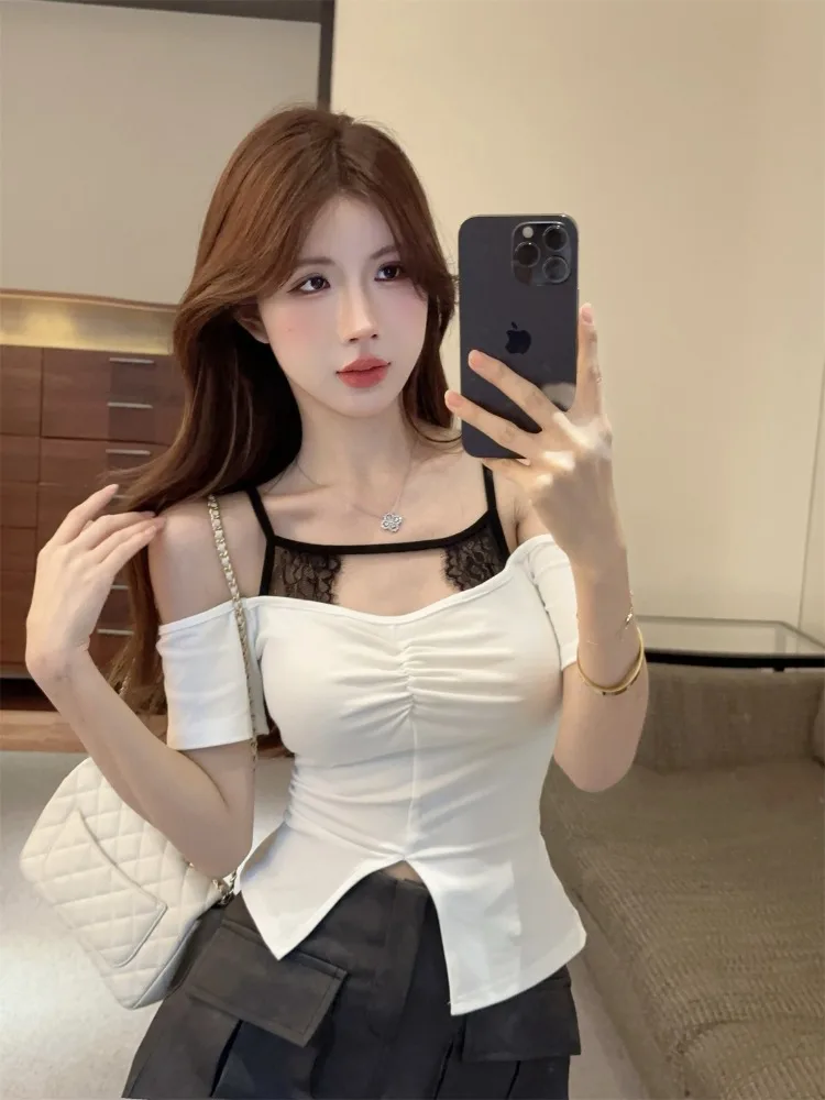 

Pure Desire Lace Splice Strap Women's Top High Waist Short Sleeve Sexy Split Summer Korean Style Commute Wind Fly Sleeve