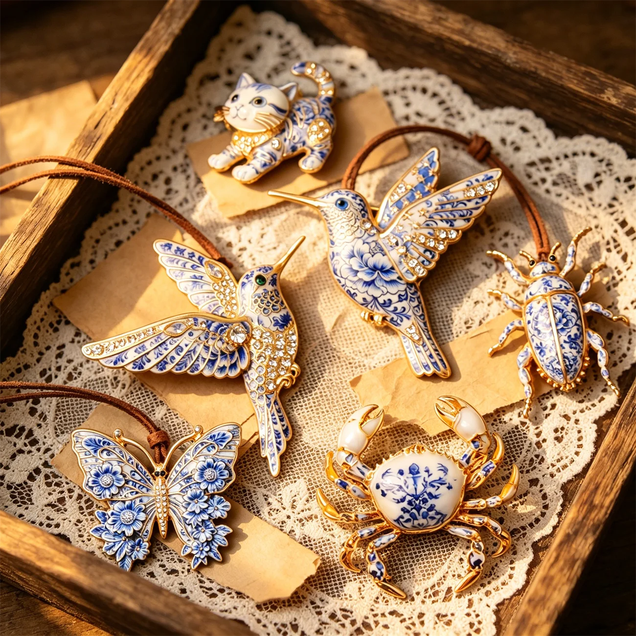 SKEDS Blue And White Porcelain Enamel Animal Brooch Hummingbird Cat Beetle Crab Lapel Pin Chinese Style Jewelry Gift For Women
