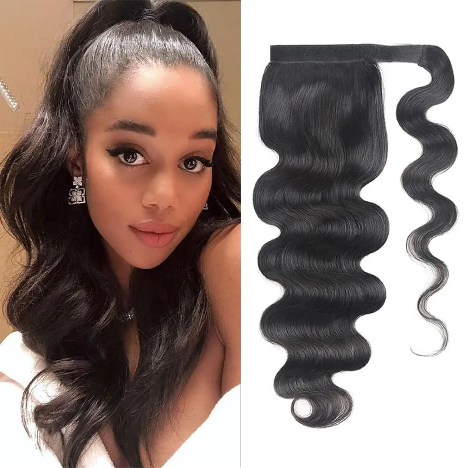 Hair Extensions clip in Natural Black Body Wave Real Human Hair Ponytail Extension Wrap Long Wavy Pony Tail for Women