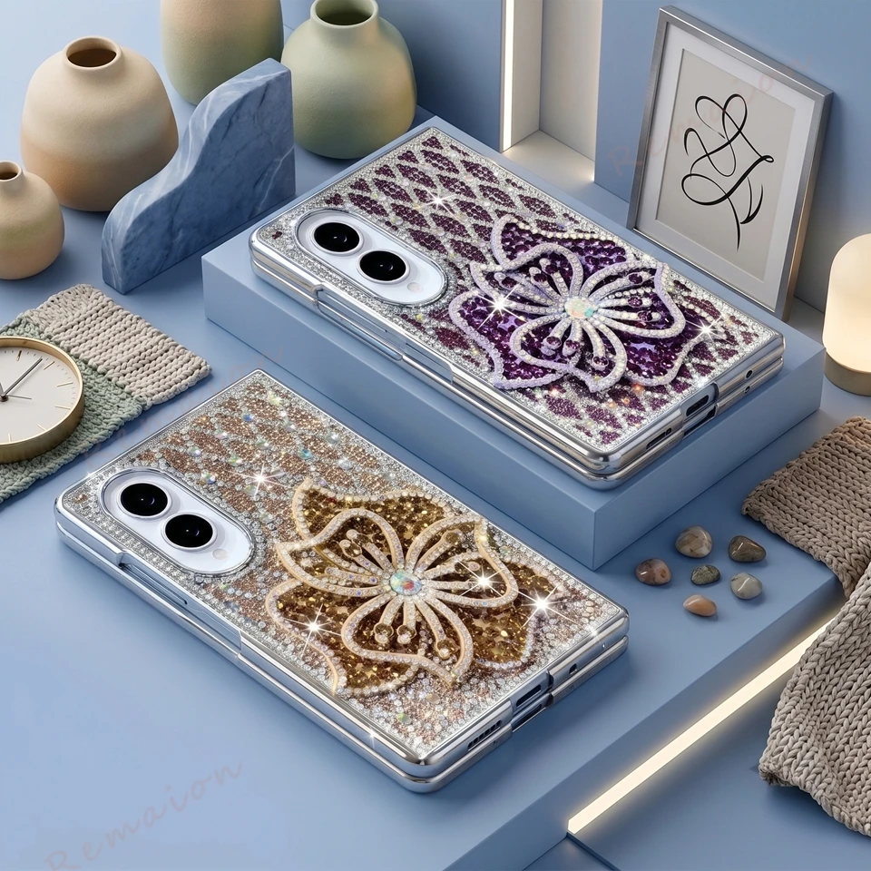 Phone Cases Z Fold 4 - Glitzernde Diamant-Sechsblumen-Handyhülle für Samsung Galaxy Z