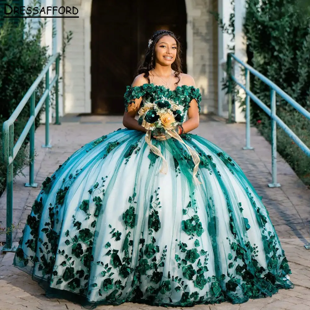 

Изумрудно-зеленый корсет с 3D цветами, платье Quinceanera, бальное платье без рукавов с жемчугом, выпускное 7-е платье Vestido De XV Anos