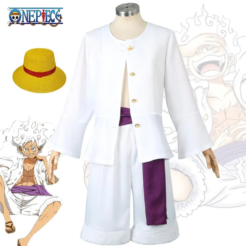 

Anime Monkey D.Luffy Cosplay Costume One Piece White Uniform Top Pants Hat Suits Halloween Carnival Role Play Clothes Adult Kids