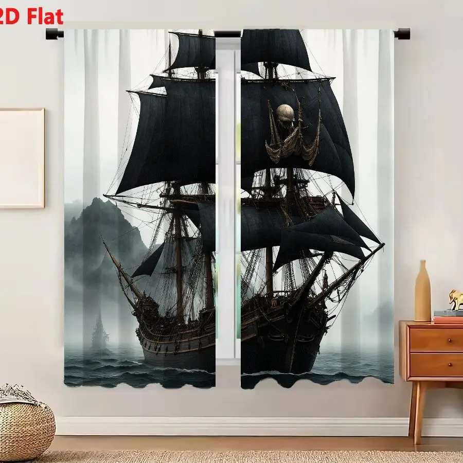 2Pcs Curtains 2D Flat Large Ominous Sailing Ship On Dark Stormy Sea With Tattered Black Sails And Skull On Mainmast Window Drape