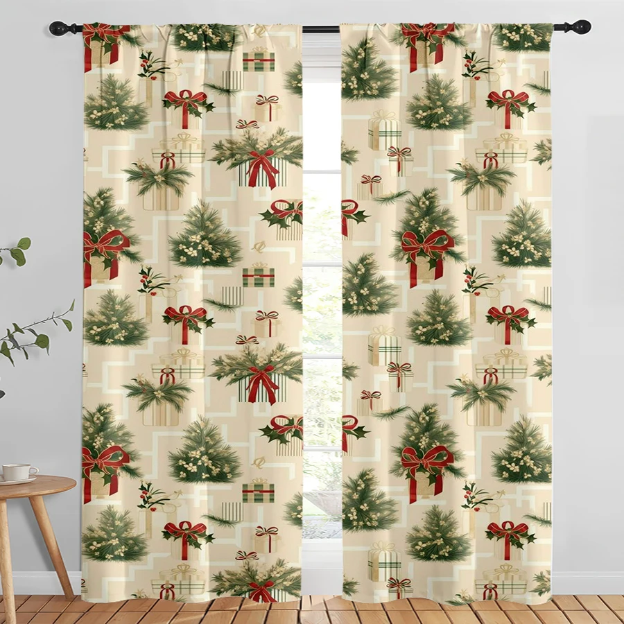 2PCS Christmas Digital Print Curtains, Repeating Mini Xmas Tree Pattern Cream, Simple for Living Room Bedroom Window Decor