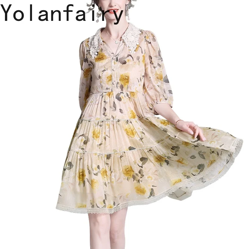 

YOLANFAIRY 70% Linen 30% Mulberry Silk Dresses for Woman New Summer Korean Fashion Printed Vacation Dresses Elegant Women Dress