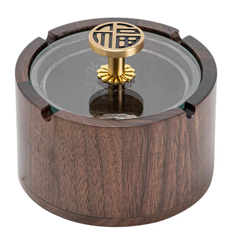 

Black walnut ashtray with cover, living room office double slot ashtray, stainless steel ashtray