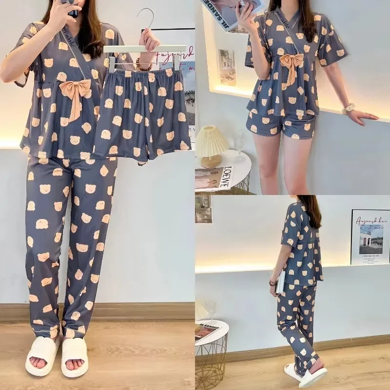 

3 Piece Set of Cartoon Bear Pajamas Women Short Sleeve Pants Cute Bow Student Loungewear Homewear High Quality Fall and Winter