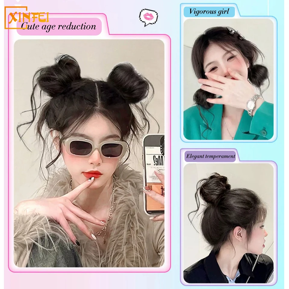 Synthetic Wig Chignon Female Dragon Beard Double Ball Head Hairstyle Natural Fluffy Cute Girl Wig Chignon