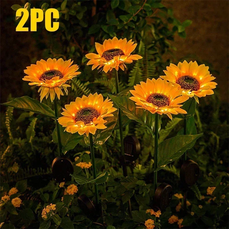 2pc Solar Sunflowers Lawn Light IP65 Waterproof Solar Flowers Pathway Light for Patio Yard Outside Garden Wedding Holiday Decor