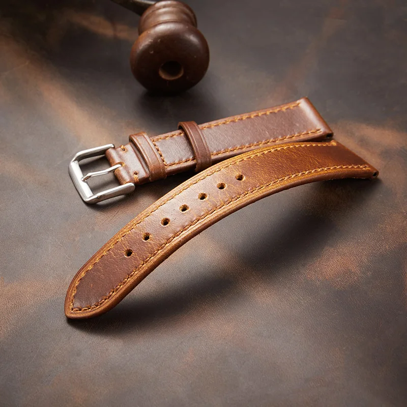 Retro Genuine Leather Strap Oil Wax Cowhide Leather Watchband 18mm 19mm 20mm 21mm 22mm High Quality Men Women Business Bracelet