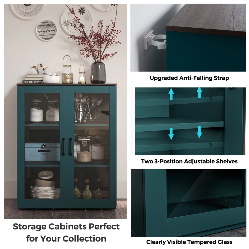 Custom.Storage Cabinet, Teal Standing Buffet Cabinet, Accent Kitchen Cabinet With Tempered Glass, Wood Display Cabine