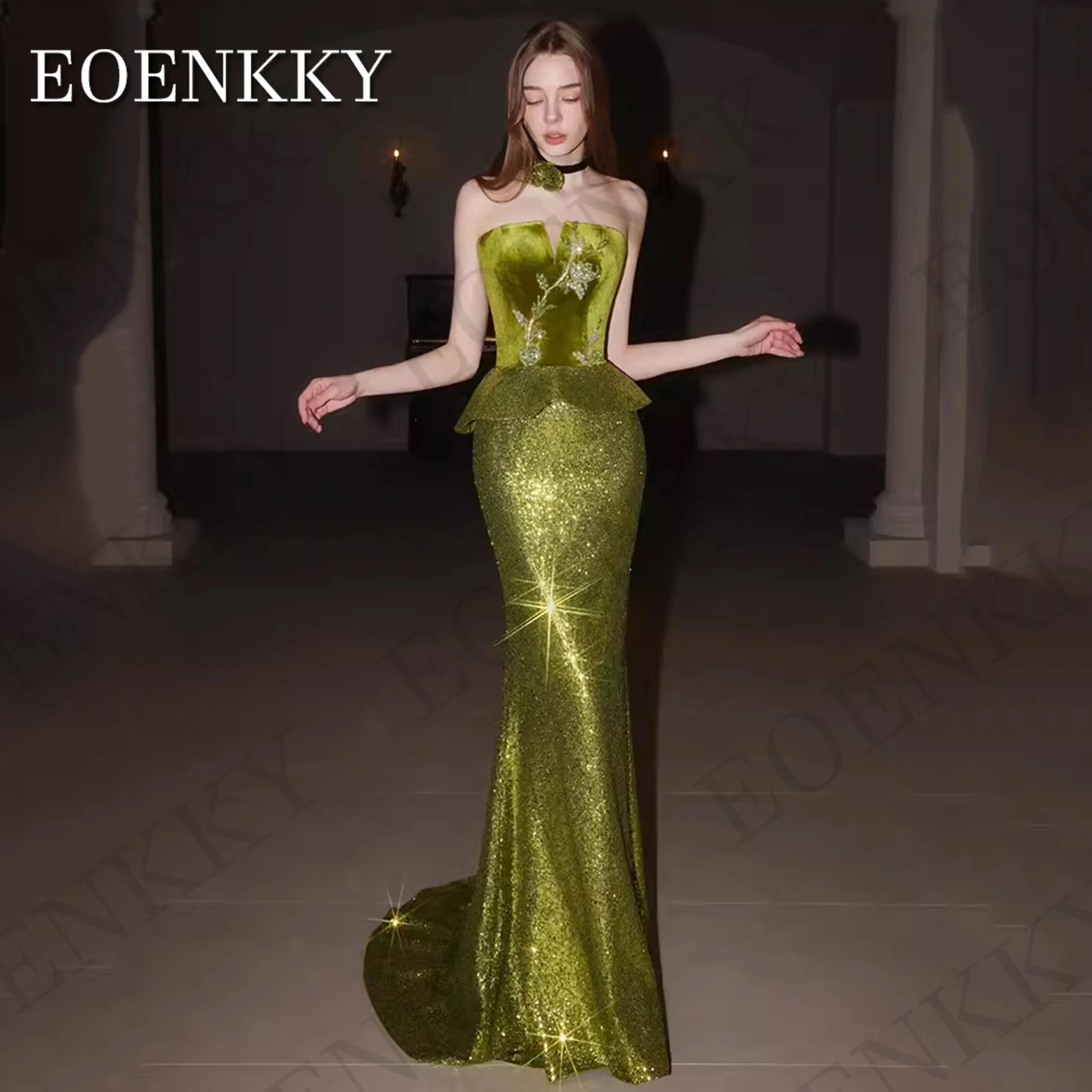 Vestido de noche verde brillante de sirena, traje de lujo coreano con lentejuelas y cuello de barco, elegante, para fiesta de desfile, 2024 Mermaid Sparkly Verde Vestidos de Noche de Lujo  Corea de lentejuelas cuello b