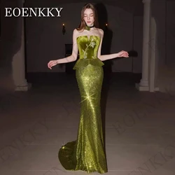 Mermaid Sparkly Green Evening Dresses Luxury Korea Sequined Boat Neck Shiny Pageant Party Dress vestidos de noche elegantes 2024