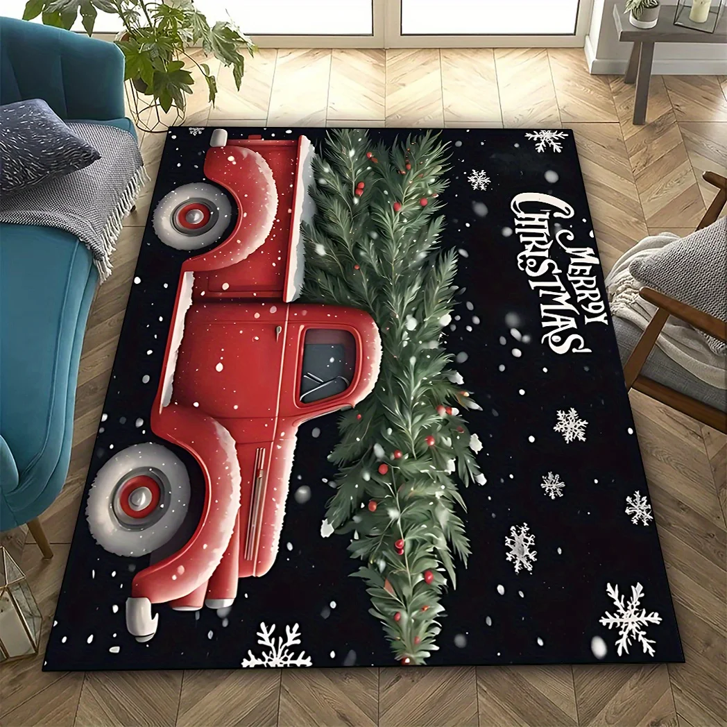 VIKAMA Christmas Area Rug Vintage Red Truck Xmas Tree Snowflake Merry Christmas Print Non‑Slip Living Room Holiday Floor Mat