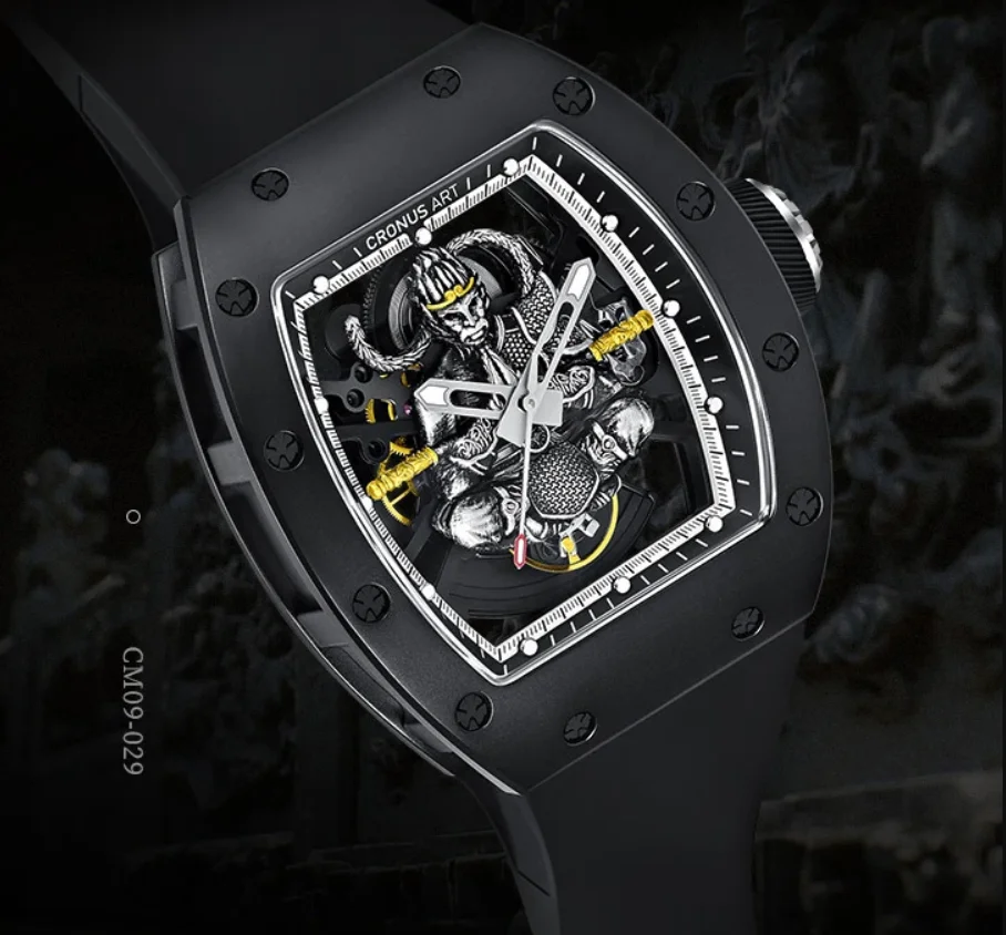 CRONUSART Orologio automatico da uomo 50mm Tonneau Orologio da polso meccanico Cassa in acciaio al carbonio Specchio zaffiro Scheletro luminoso Quadrante Wukong