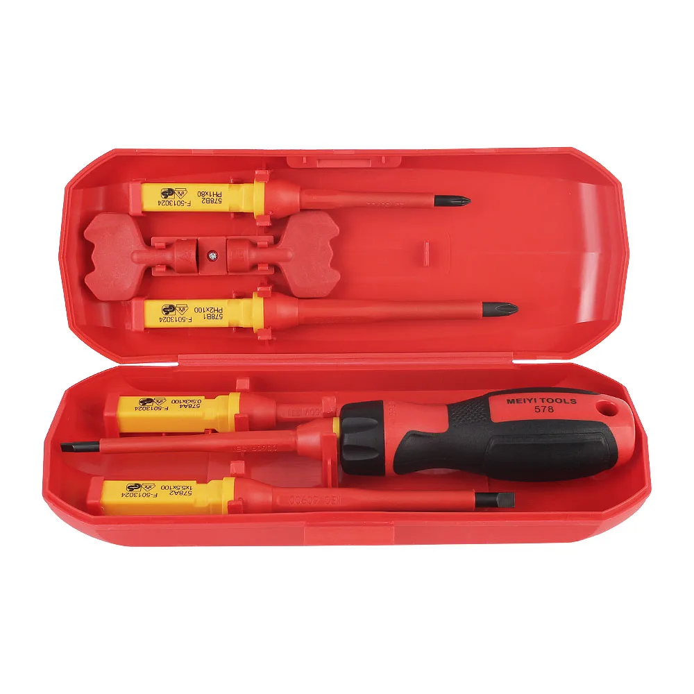 

Набор изолированных отверток, портативный, 7 шт./компл., инструменты для электрика, головка с прорезями, шлицевая головка с футляром, магнитный, 1000 В, удобный