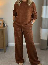 2026 Holiday Round Neck Chic Outfit, Women Autumn Winter Wide Leg Pants Simple Set, Print Long Sleeve Pullover Top Ladies Suits