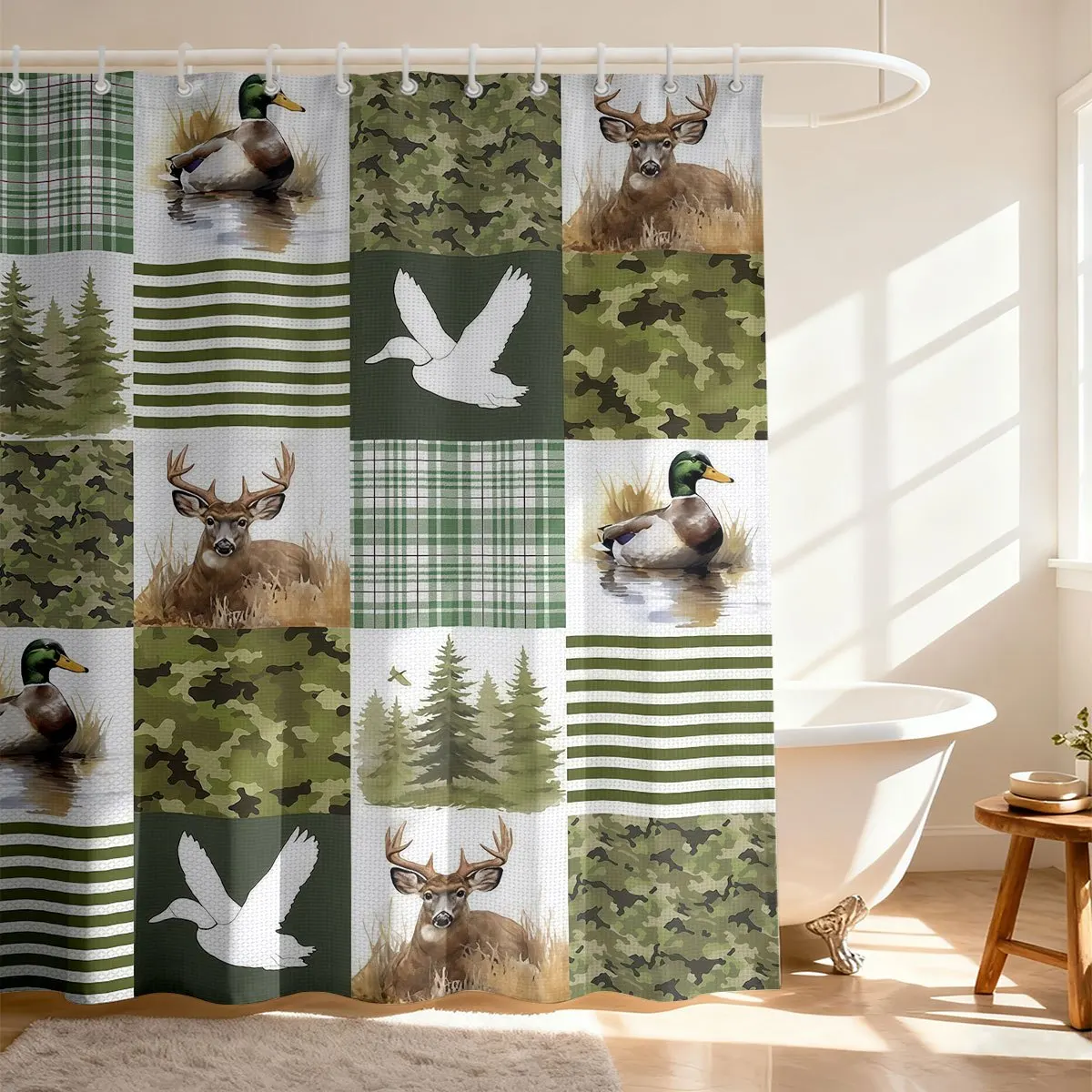 Rustic Hunting Wildlife Patchwork  Pattern with Buck Deer Mallard Ducks Pine Forest Camo Plaid Stripes Flannel Throw