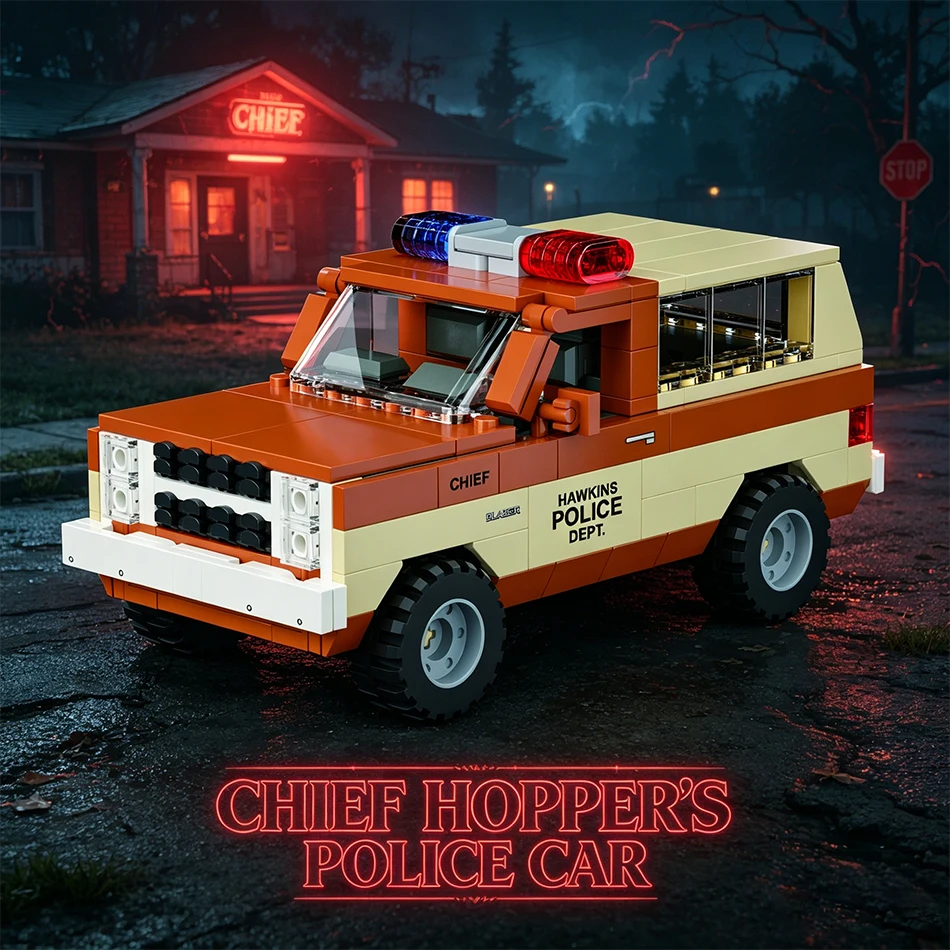 

428PCS City 80s Hawkins Police Car Building Blocks Strangered Chief Hopper Off-Road Vehicle Assembly Bricks Toys for Adults Gift