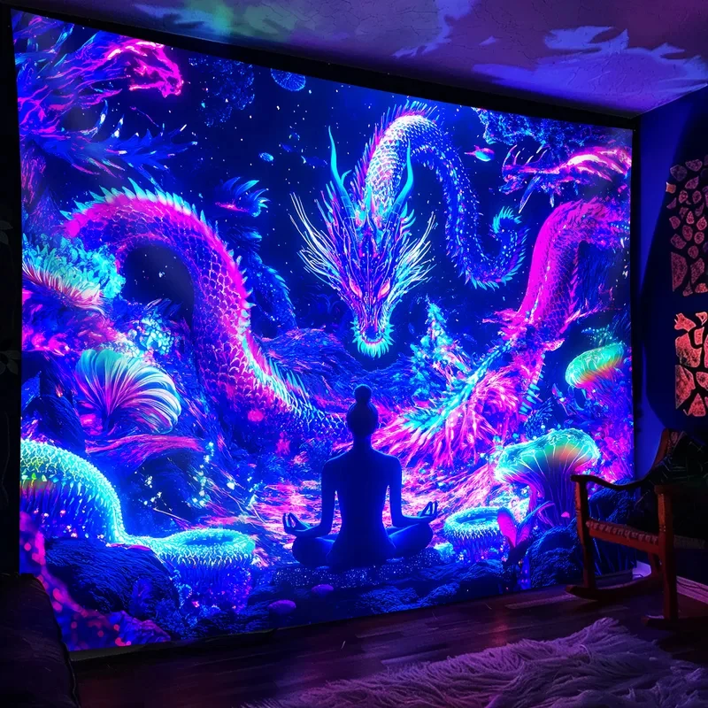VIKAMA Neon-Drachen Meditations-Wandteppich, Schwarzlicht UV-Reaktiver Psychedelischer Drachen-Druck Wandbehang für Heim- und Partydekoration