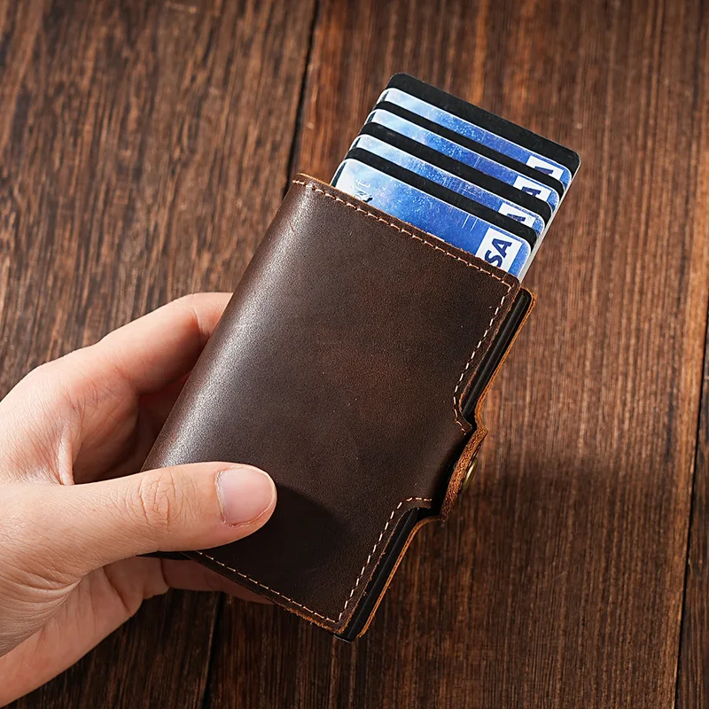 Double-layer Aluminum Box Card Bag, Automatic Pop-up Card Clip, Crazy Horse Leather, Men's Pop-up Bank Card Bag, Cross-border