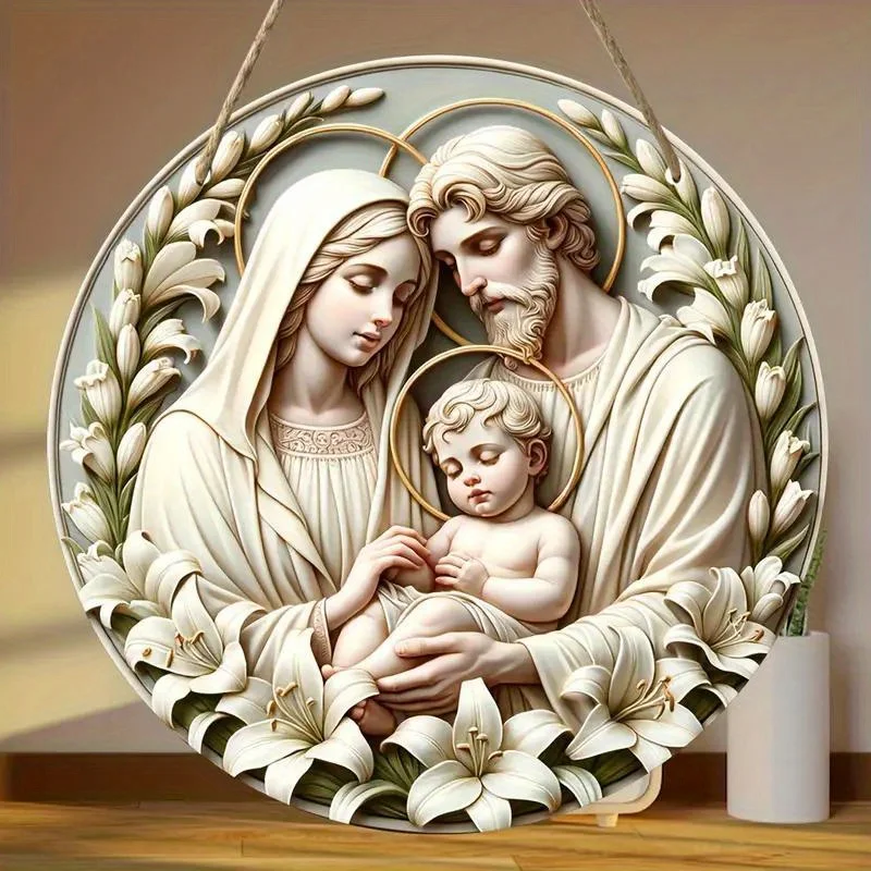 1pc, 2D Baptism Pray Faith Theme Family Wooden 7.9Inch/20cm Round Hanging Sign Wall or Door Decor Wall Art, Outdoor Courtyard