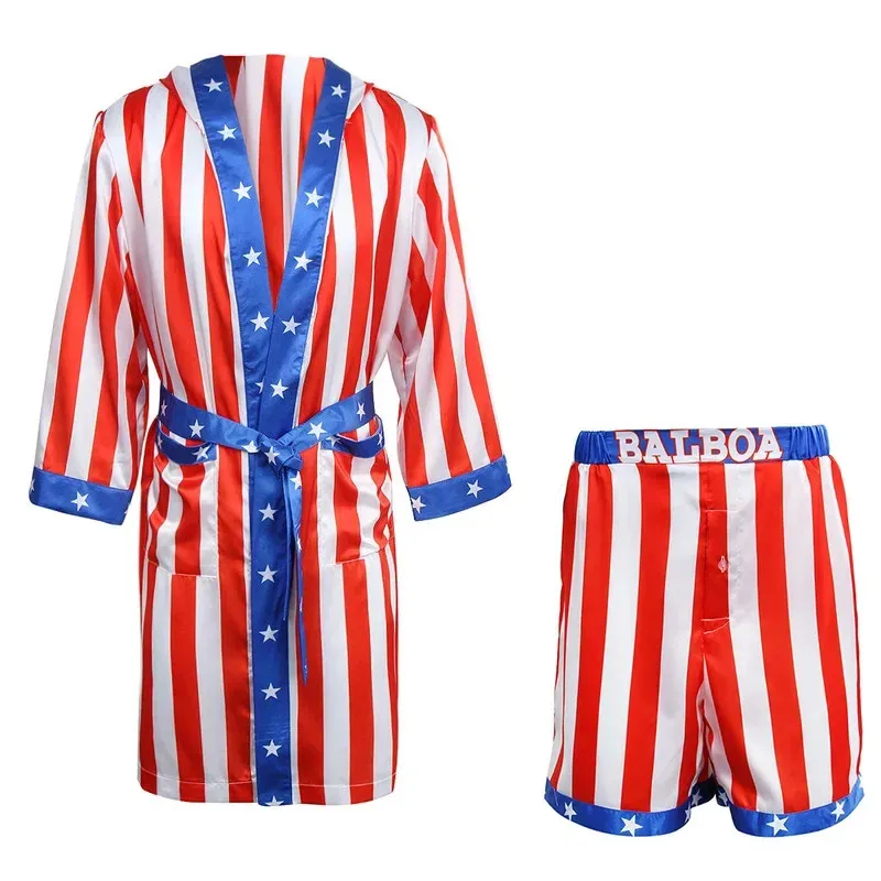 

qq 123Rocky Balboa Apollo Movie American Flag Cosplay Boxing Costume Robe Shorts Adult And Kids