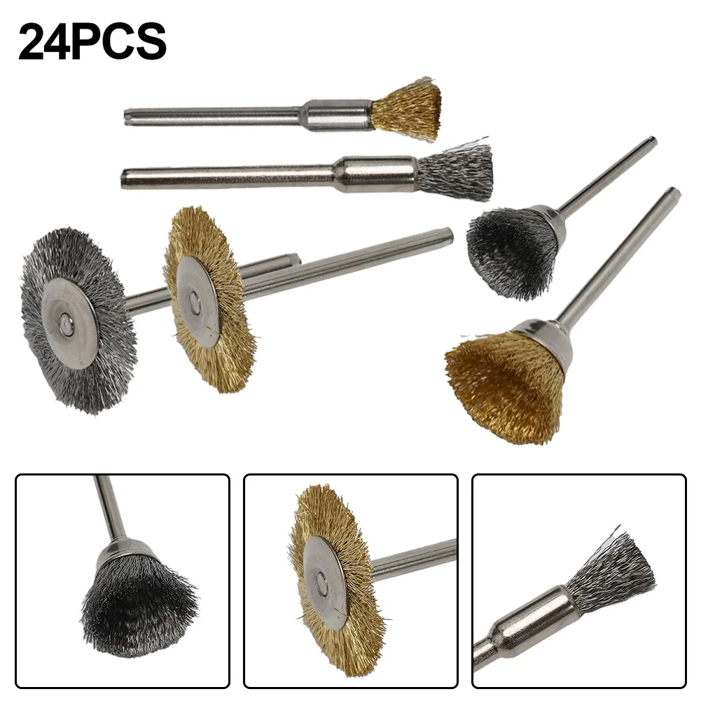 

24 Pcs/set Brass Brush Stainless Steel Wire Wheels Brushes Drill Rotary Tool Polishing Metal Rust Removal Brush