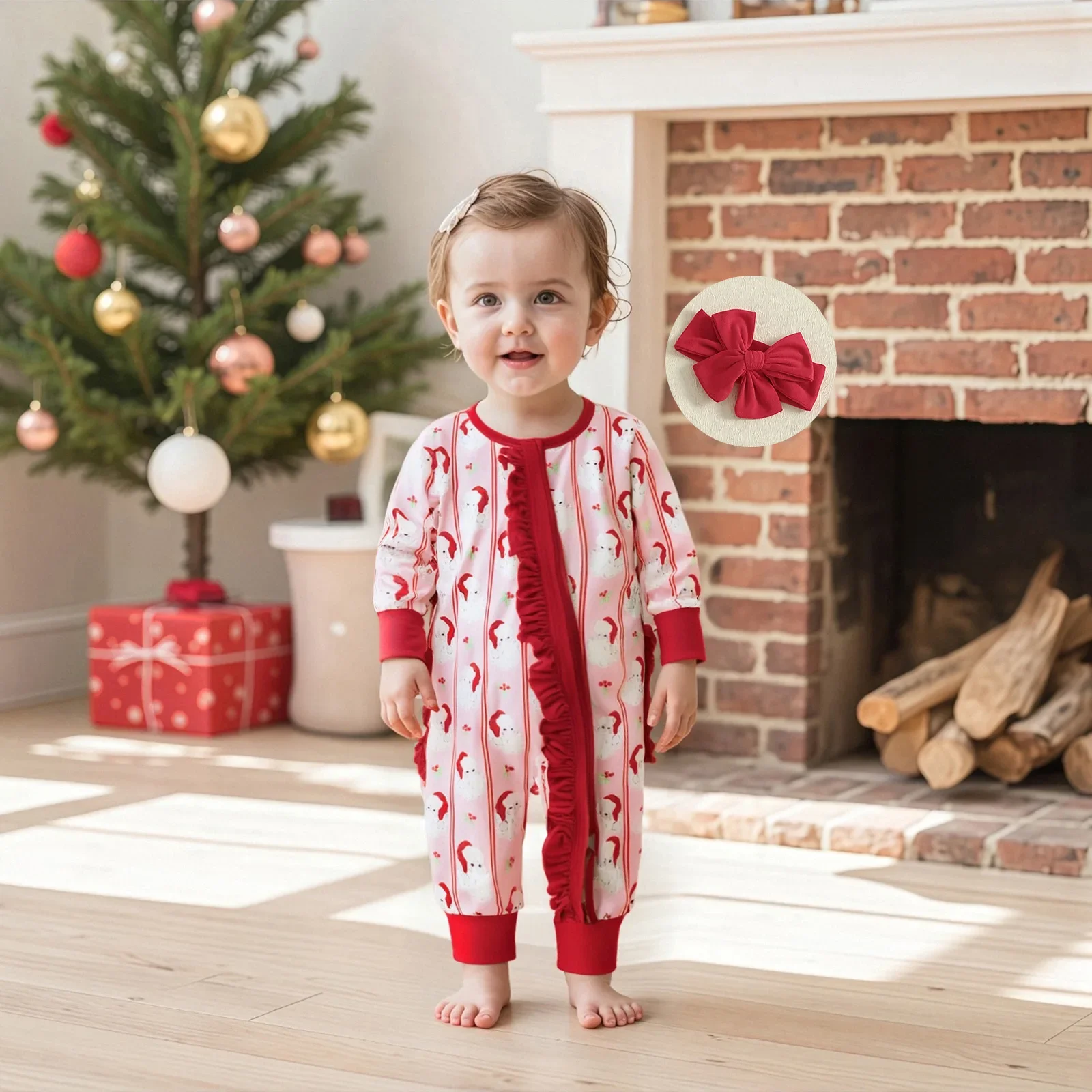 

Christmas Baby Girl Santa Print Ruffle Romper with Headband 0-18M Newborn Baby Newborn Items Zipper-Front Christmas Jumpsuit