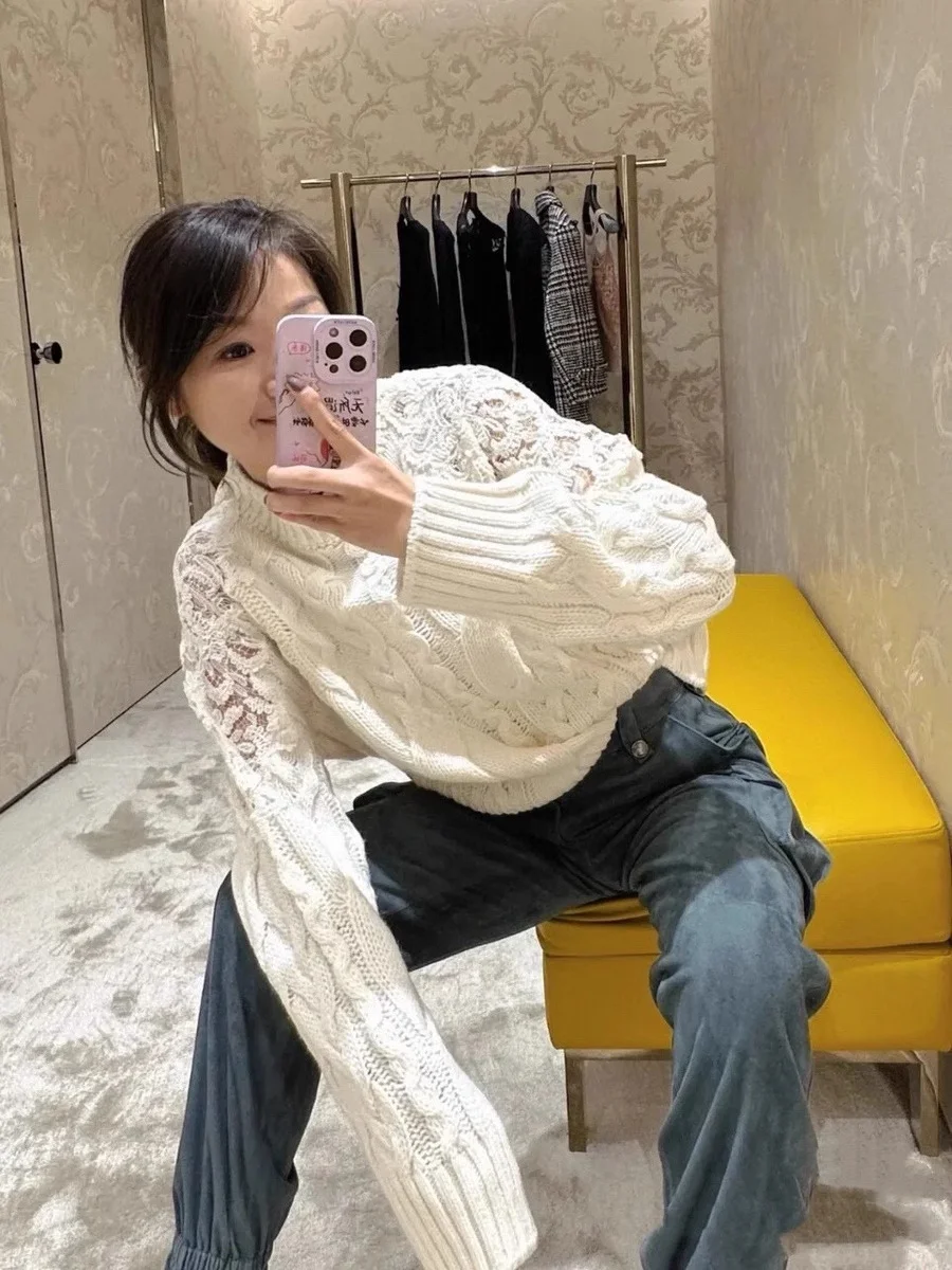 

2025 Autumn Winter Women's White Wool Sweater Fashion Patchwork Hollow Out Lace Loose Black Knitted Pullover