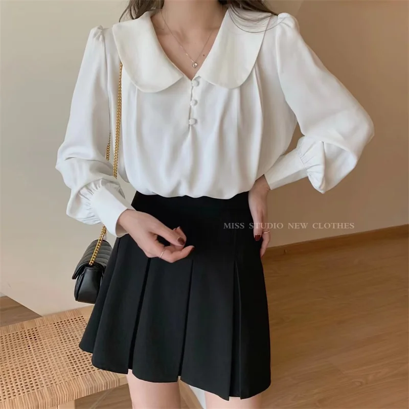 Elegant Puff Sleeve Summer Shirt for Women Lady Casual Blouse Korean Hollow Out Turn Down Collar Tops blusas para mujer