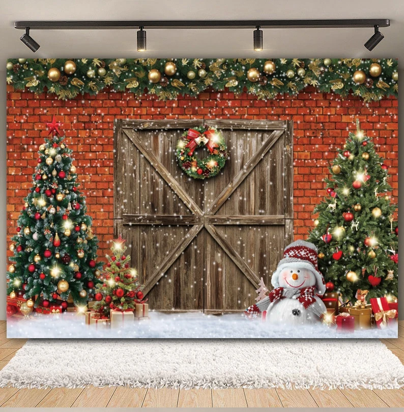 Christmas Backdrop Xmas Tree Gifts Snowflake Window Brick Wall Barn Door Winter Adults Baby Family Party Photography Background