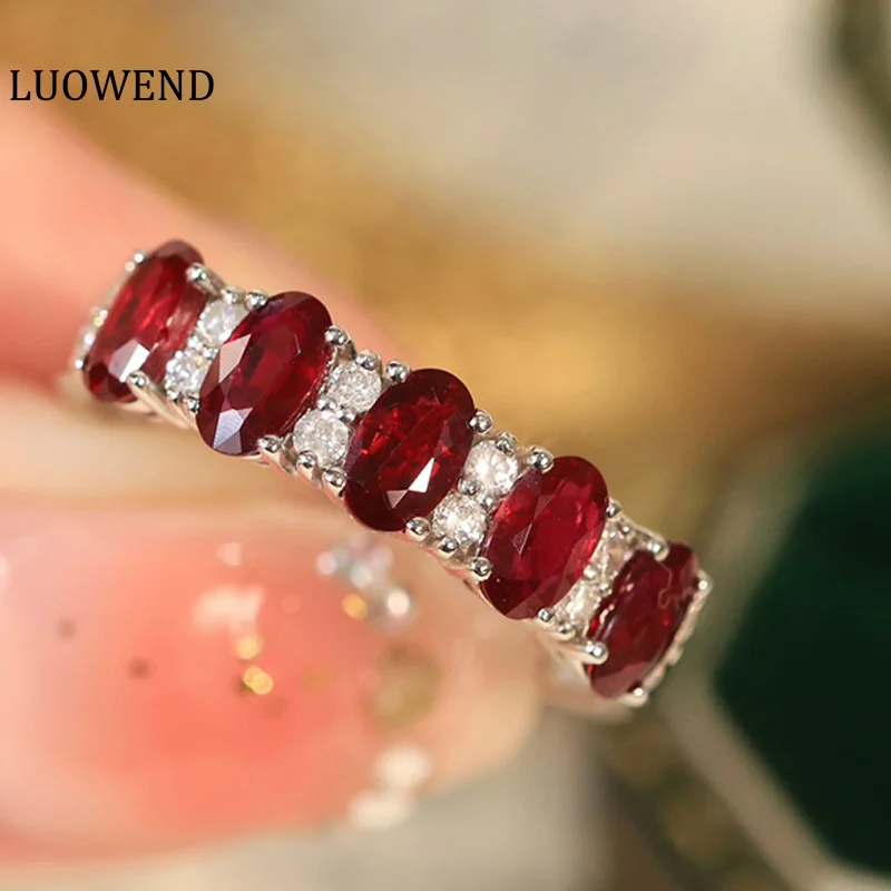 

LUOWEND 100% 18K White Gold Rings Luxury Natural Ruby Ring Classic Diamond Wedding Band for Women Engagement Party High Jewelry