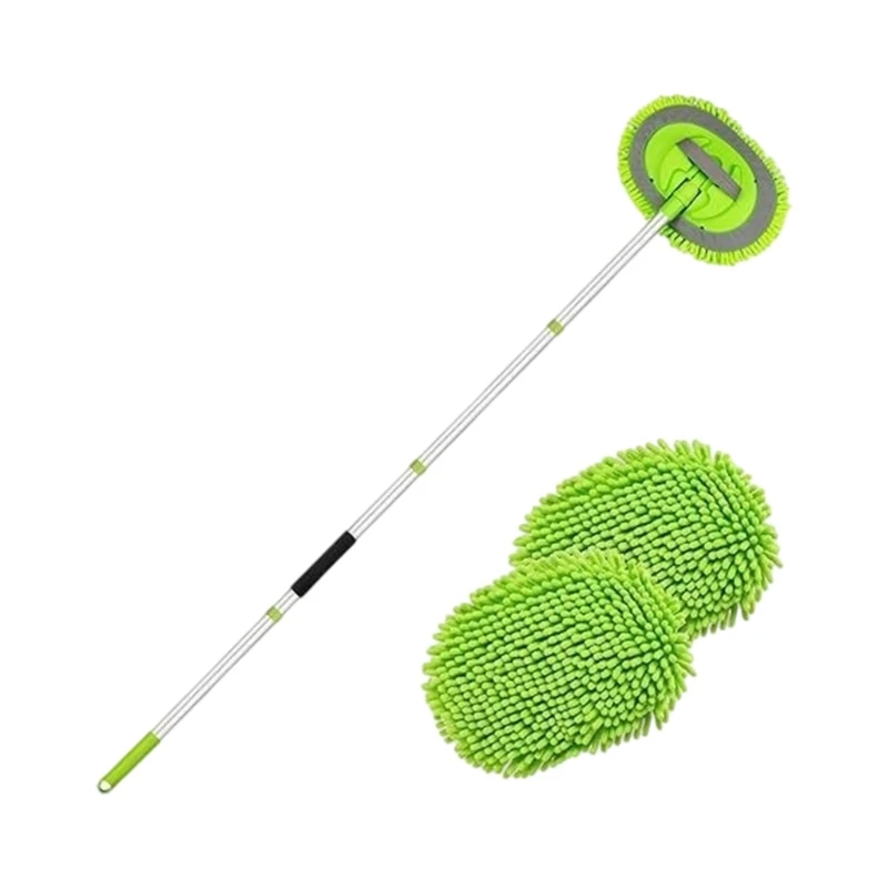 Exterior Vehicle Wash Mop With Fiber Cleaning Head, Long Extendable Handle and Pivoting Head for Routine Car and Motorcycle