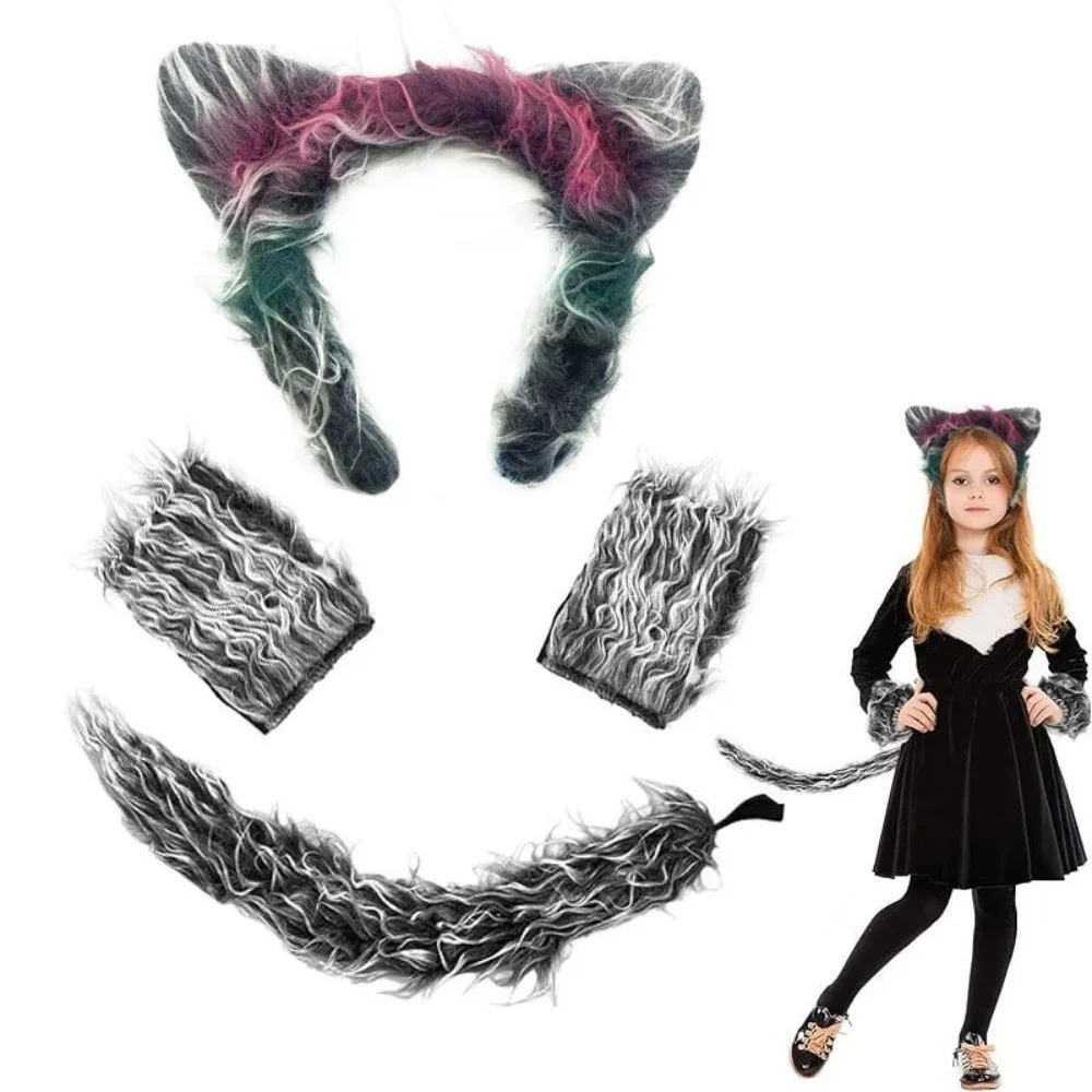 4pcs/set Furry Gray Wolf Costume Set Faux Fur Fluffy Plush Sleeve Cover Tail Kit Exquisite Lightweight Animal Cosplay Outfit