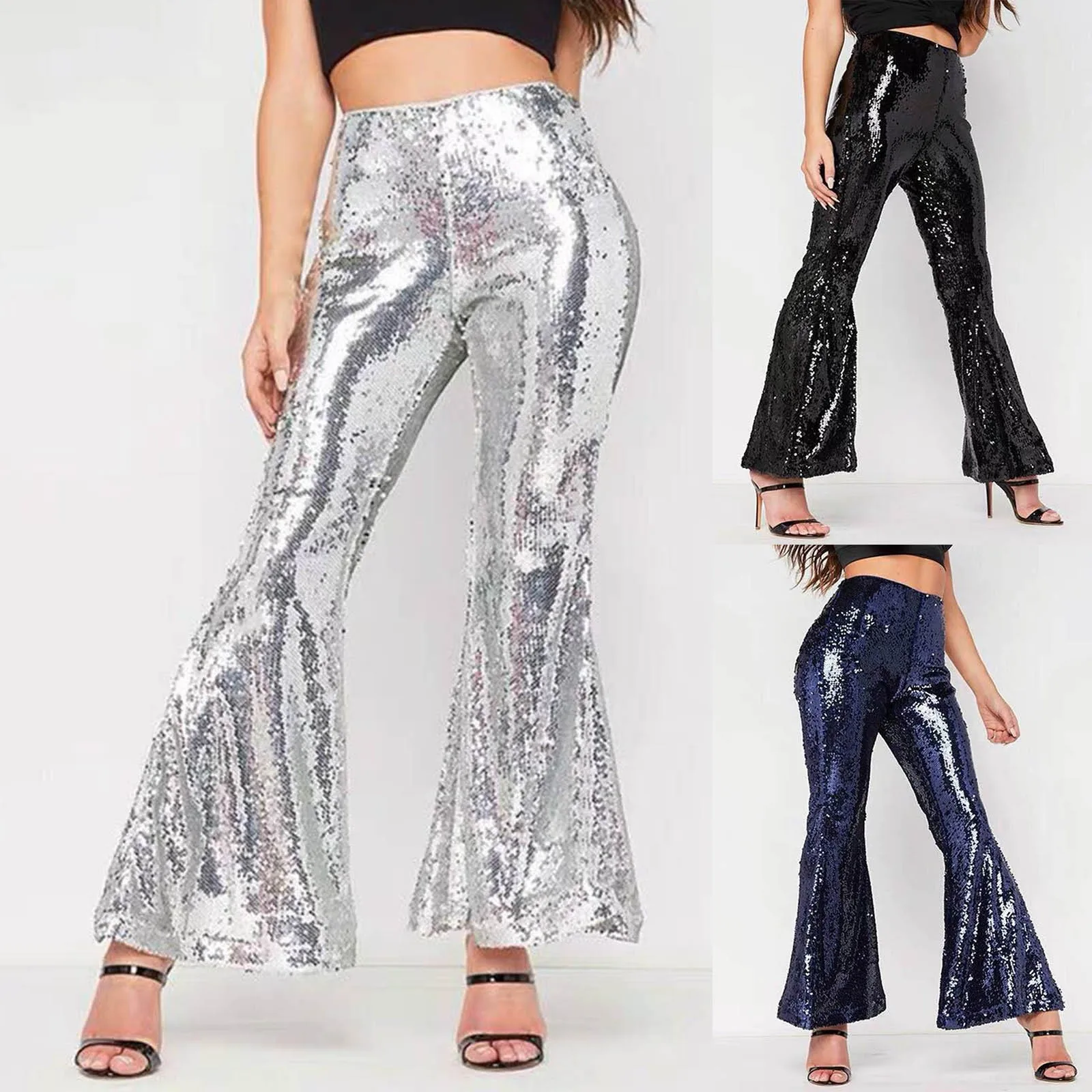 

Thin Loose Women Pants Shiny Sequin See-through Elastic High Waist Breathable Nightclub Party Long Trousers Flared Pants