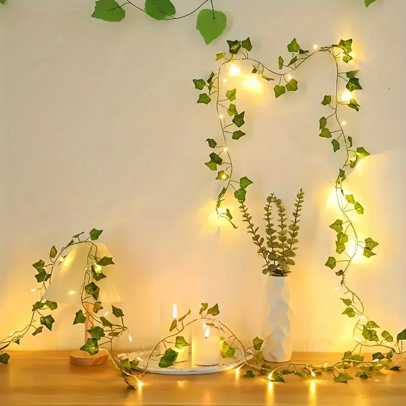 Artificial Vine Fairy Lights Green Leaf & Flower String Battery Powered Christmas Tree Garland for Wedding Home Decor