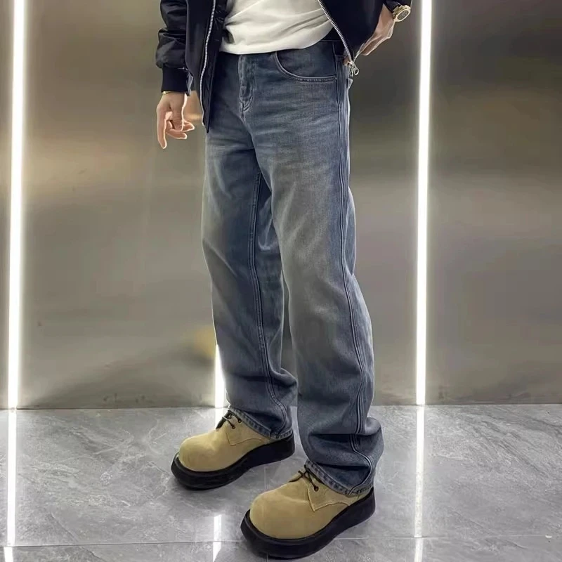 

Retro American Blue Washed Thickened Fleece Lined Straight Leg Jeans Men's Autumn Winter Loose Wide Leg Knife Flared Pants