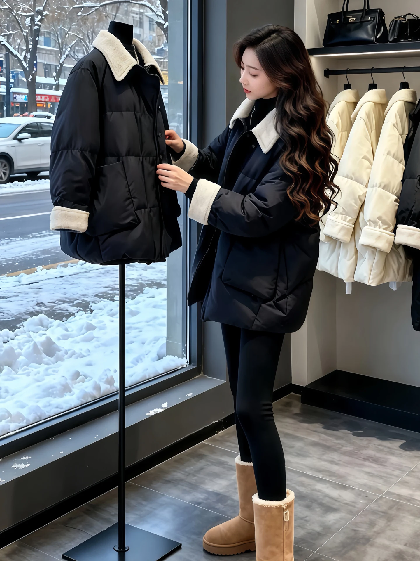 

Черная зимняя хлопковая куртка с контрастными вставками и воротником, утепленная, женская, свободного кроя, стройнящая, модная хлопковая одежда