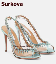 Surkova niebieskie fioletowe buty ślubne z odkrytymi palcami buty ślubne na cienkim wysokim obcasie Bling Bling Rhinestone Fringe sukienka czółenka rozmiar46