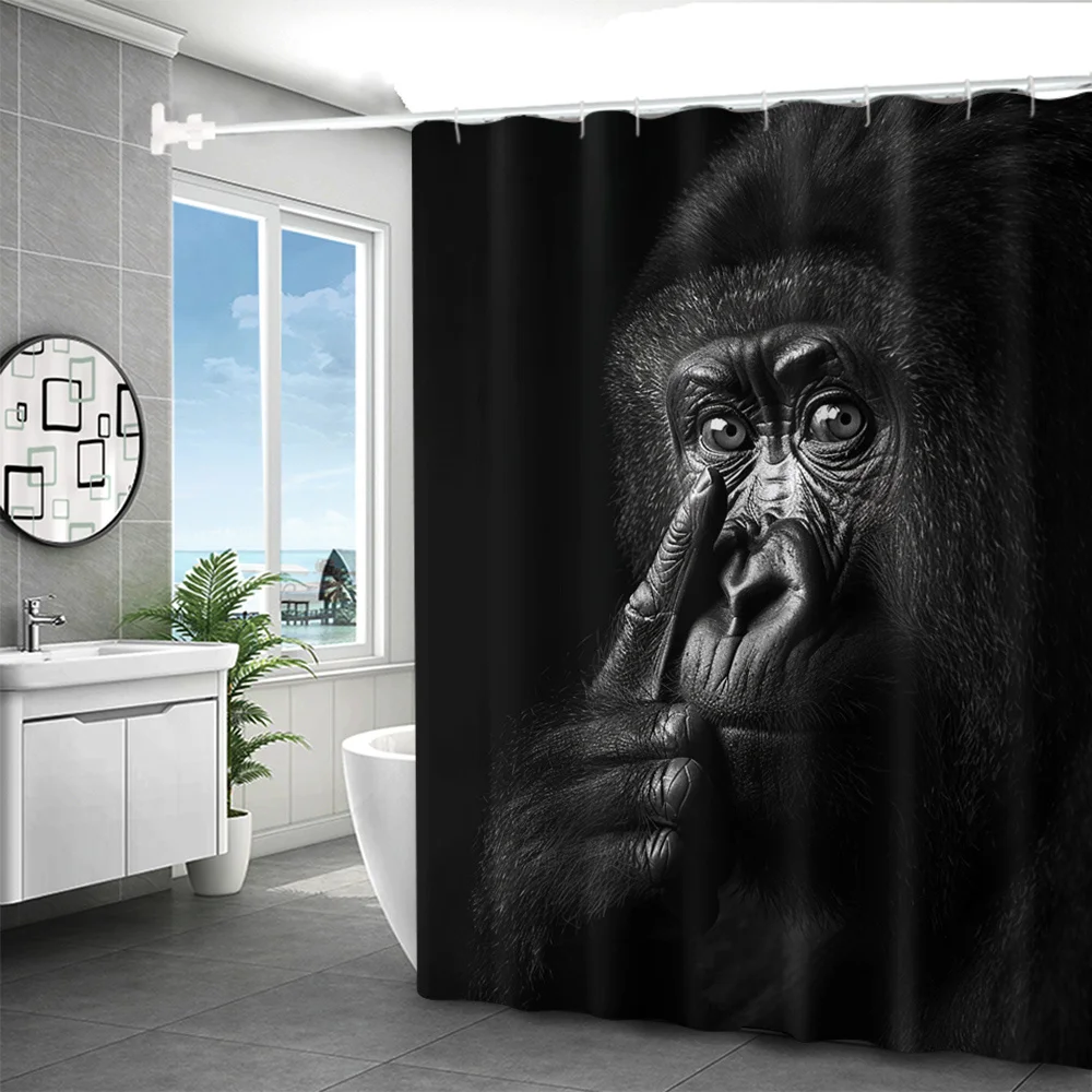 Open 1pc/3pcs/4pcs Black Gorilla Digital Print Polyester Shower Curtain No Punching Partition Bathroom
