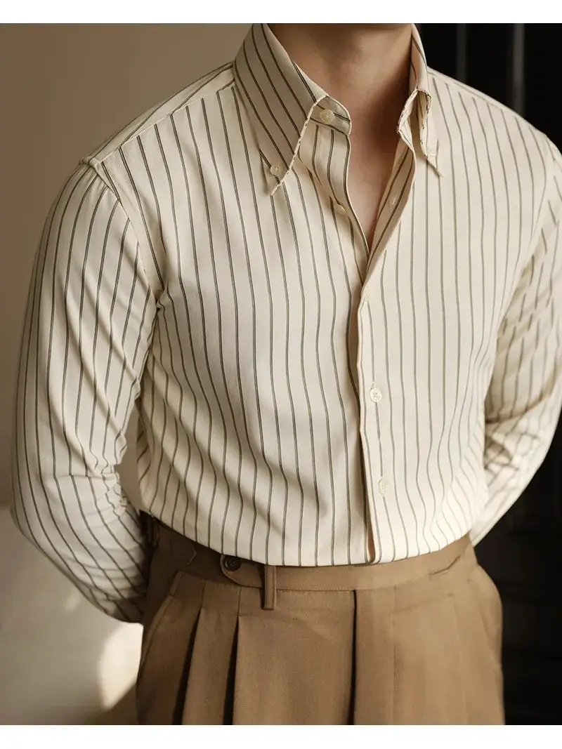 

Men Casual Striped Long Sleeve Shirt Autumn Business Slim Fit Fashion Point Collar Shirt