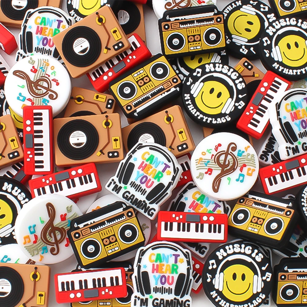 5/20/50 قطعة موضوع الموسيقى سيليكون الخرز البيانو سماعات الحاكي البؤري لصنع المجوهرات الخرز KeysChain القلم مطرز الإكسسوارات