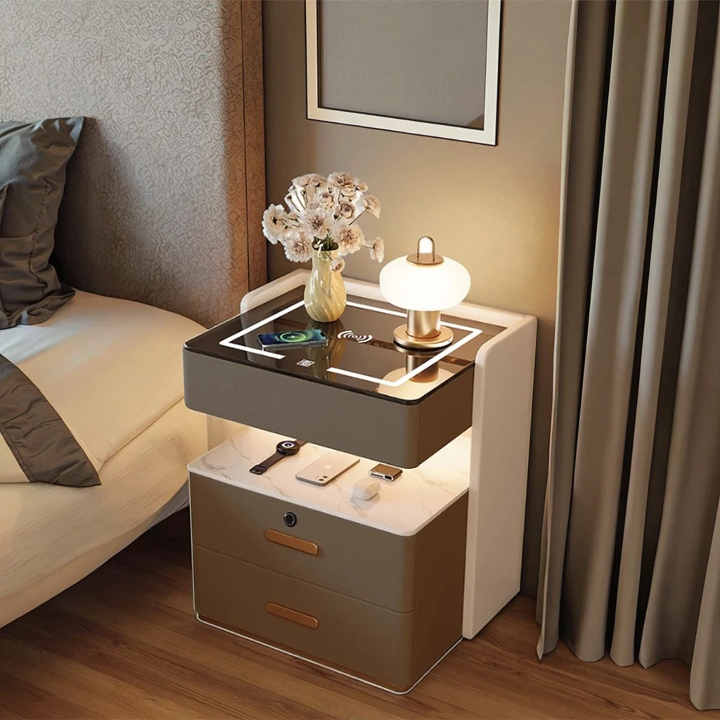 أثاث غرفة النوم، محطة شحن حديثة، مصابيح منضدة متعددة الوظائف، طاولة بجانب السرير الذكية مع مساحة تخزين وقفل ذكي #3